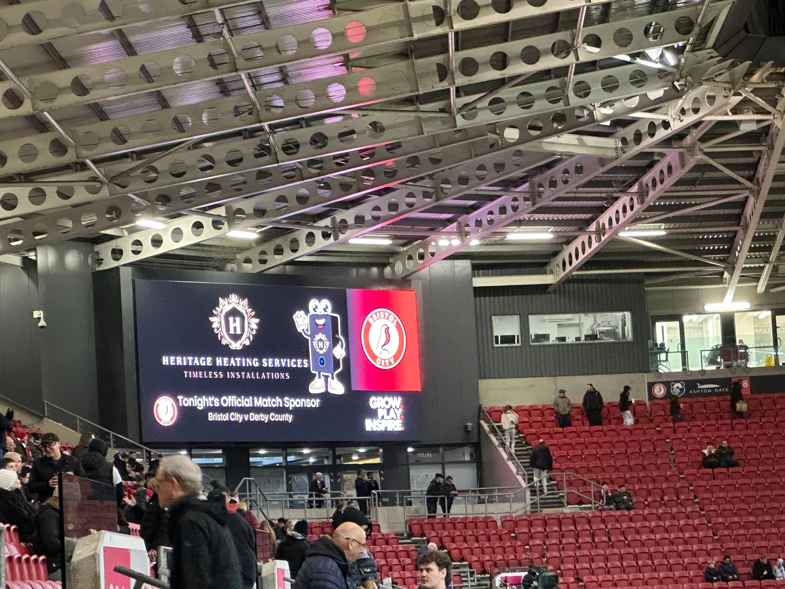 Heritage Heating Services featured as official match day sponsor on the big screen at Ashton Gate, Bristol City versus Derby County
