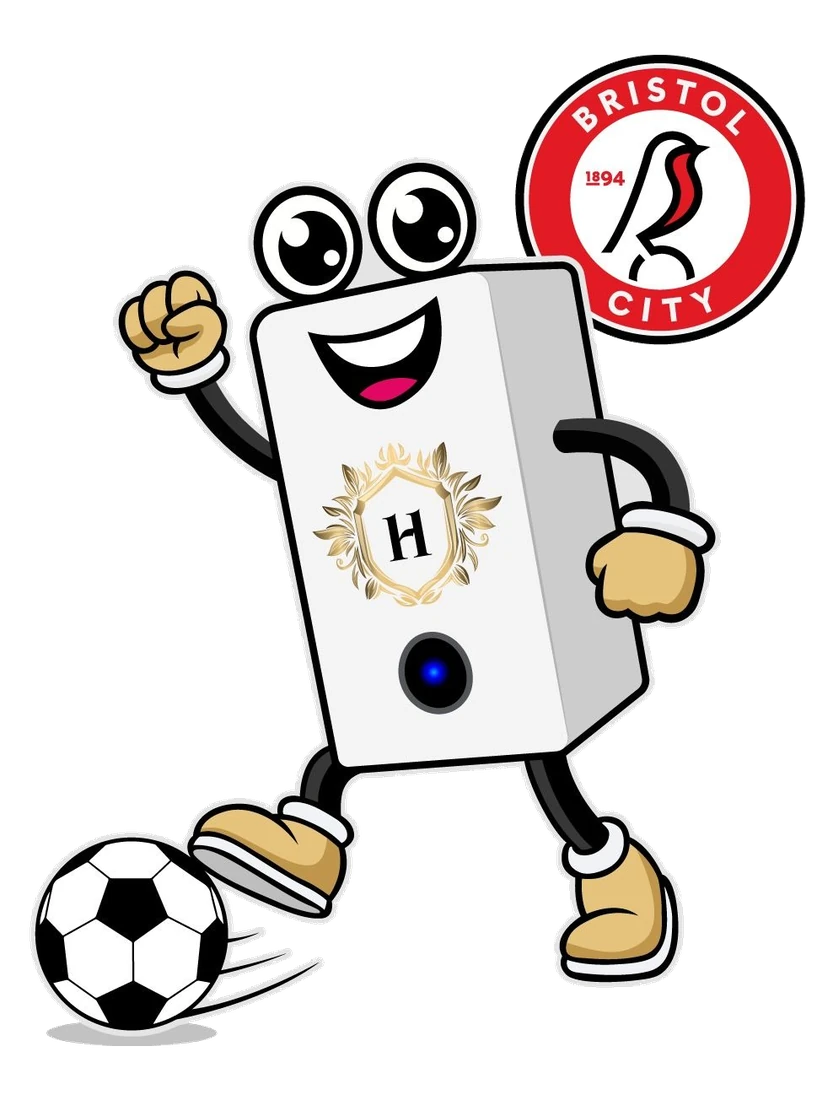 Heritage Heating Services mascot with the Bristol City FC crest